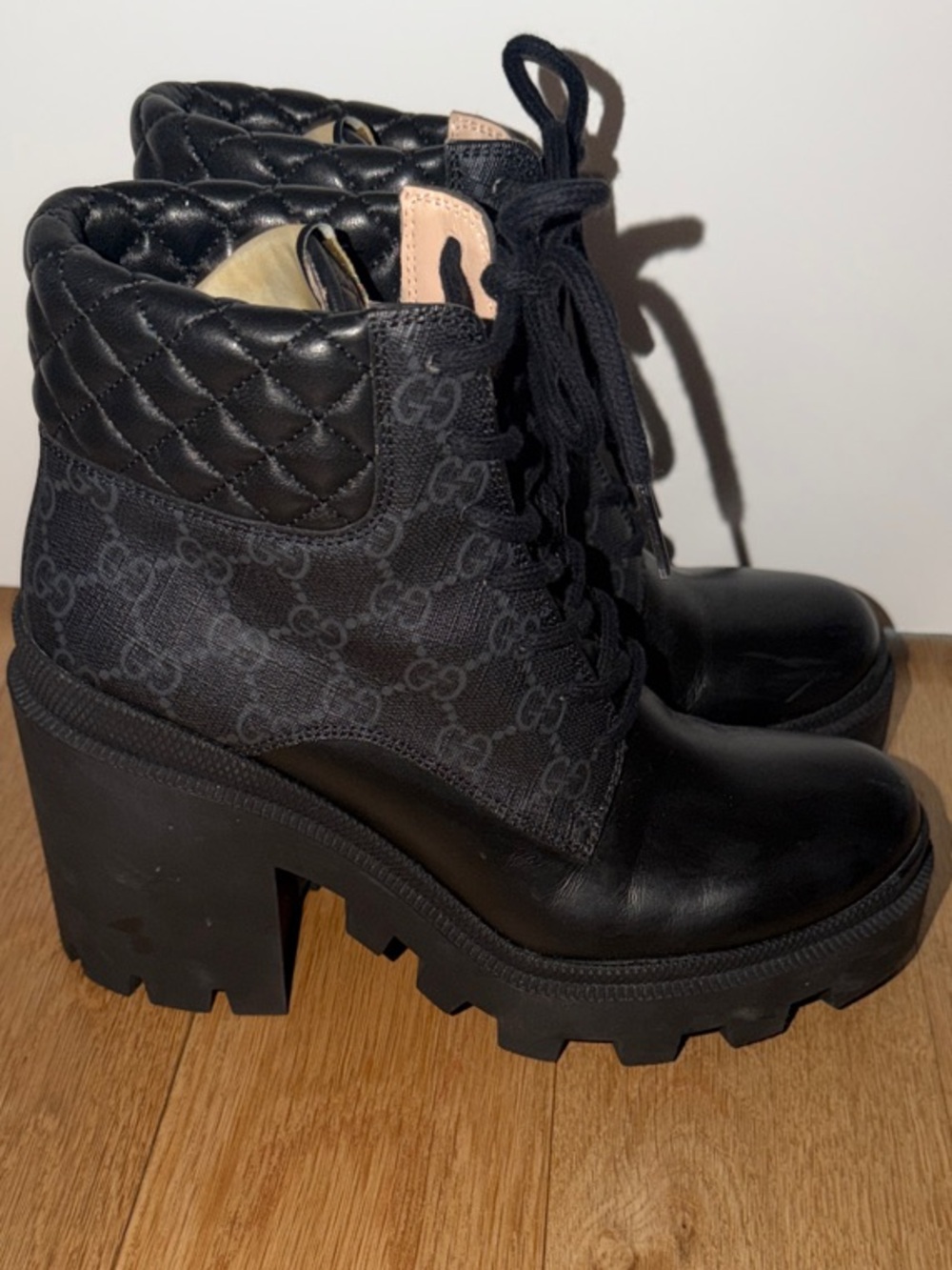 Gucci Black Quilted GG Lace-Up Women's Ankle Boots